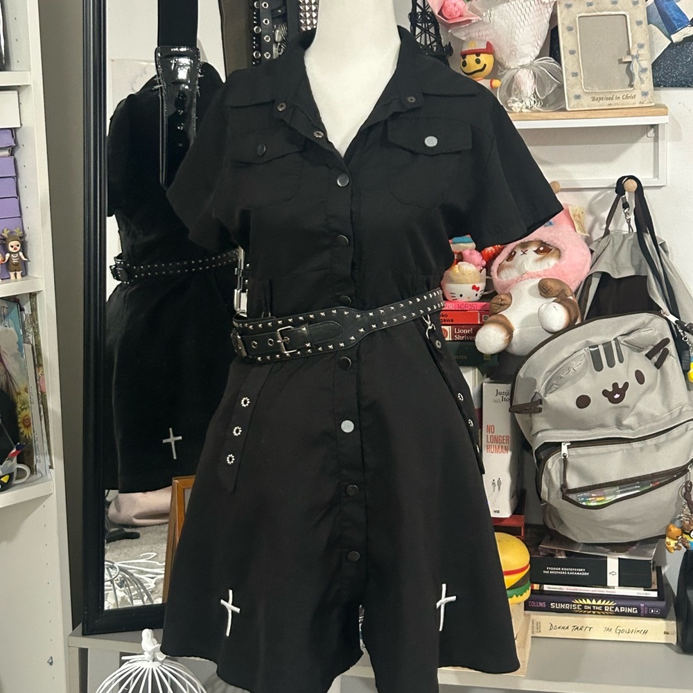 Black Button-Up Dress with Embroidered Crosses